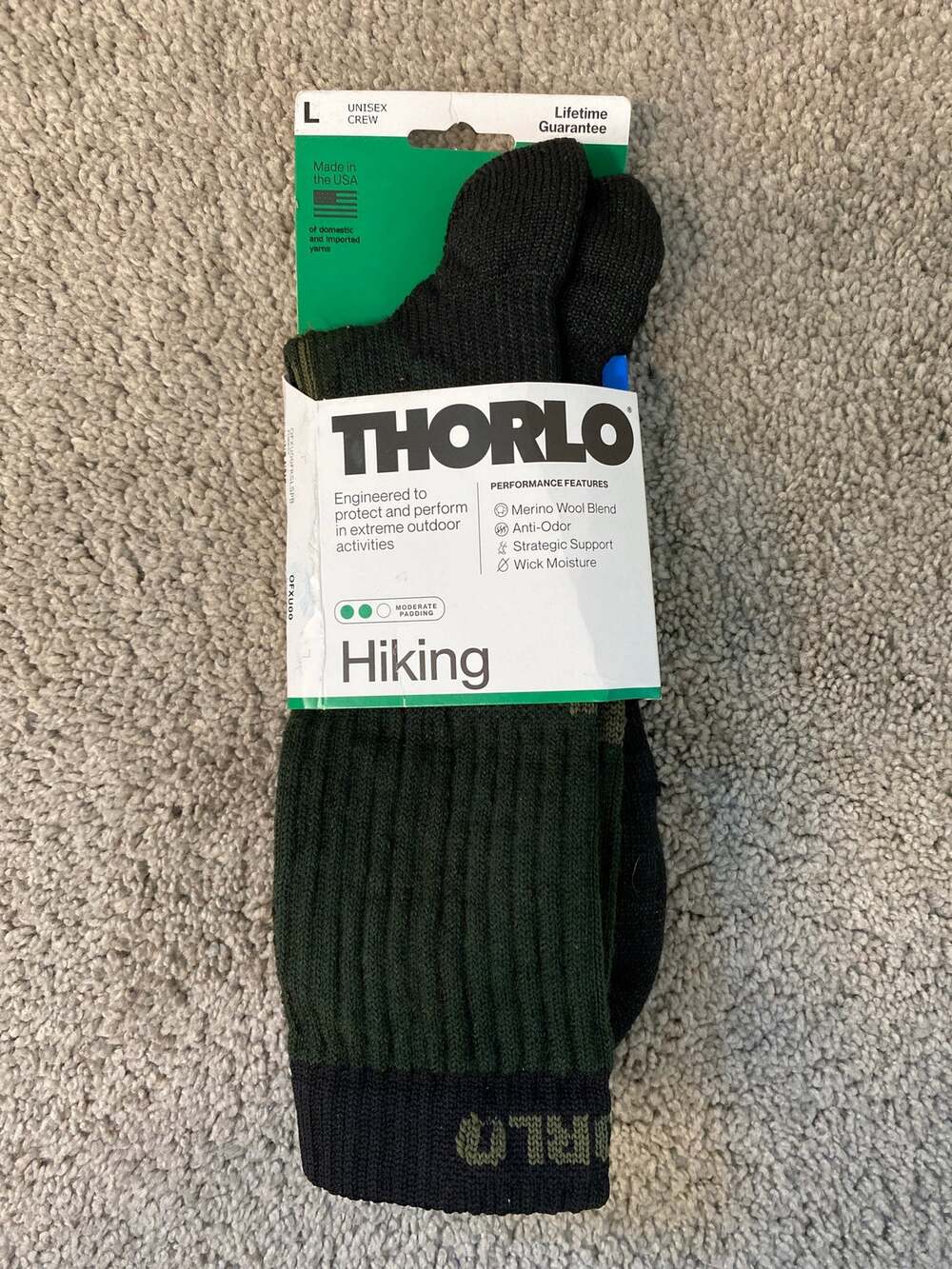 New Thorlos Merino Wool Blend Hiking Crew Socks Black Large